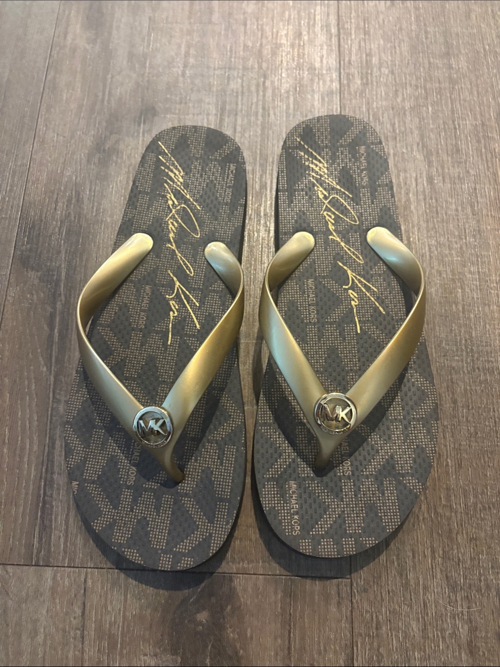 Michael Kors Gold Logo Monogram Flip Flops